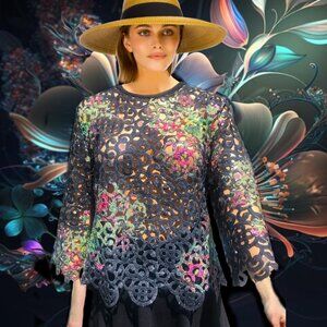 Rare EIGER WEGER Pastel Ombre Guipure Open Floral Lace 3/4 Sleeve Blouse Sz S